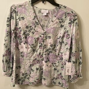 Liz Claiborne Women’s 3/4 Sleeve Blouse Seagreen Floral V-neck Top. NWT.
